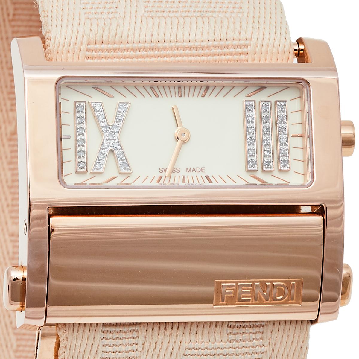 Fendi Cream Rose Gold Tone Stainless Steel Zip Code 1140L Women's Wristwatch 38  In Good Condition In Dubai, Al Qouz 2