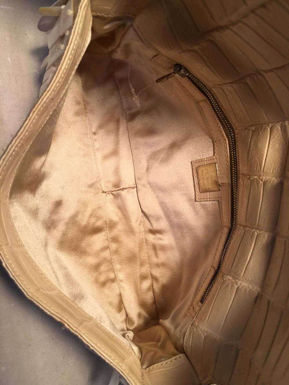 Fendi Cream Satin Mother of Pearl Shell Baguette In Excellent Condition In Philadelphia, PA