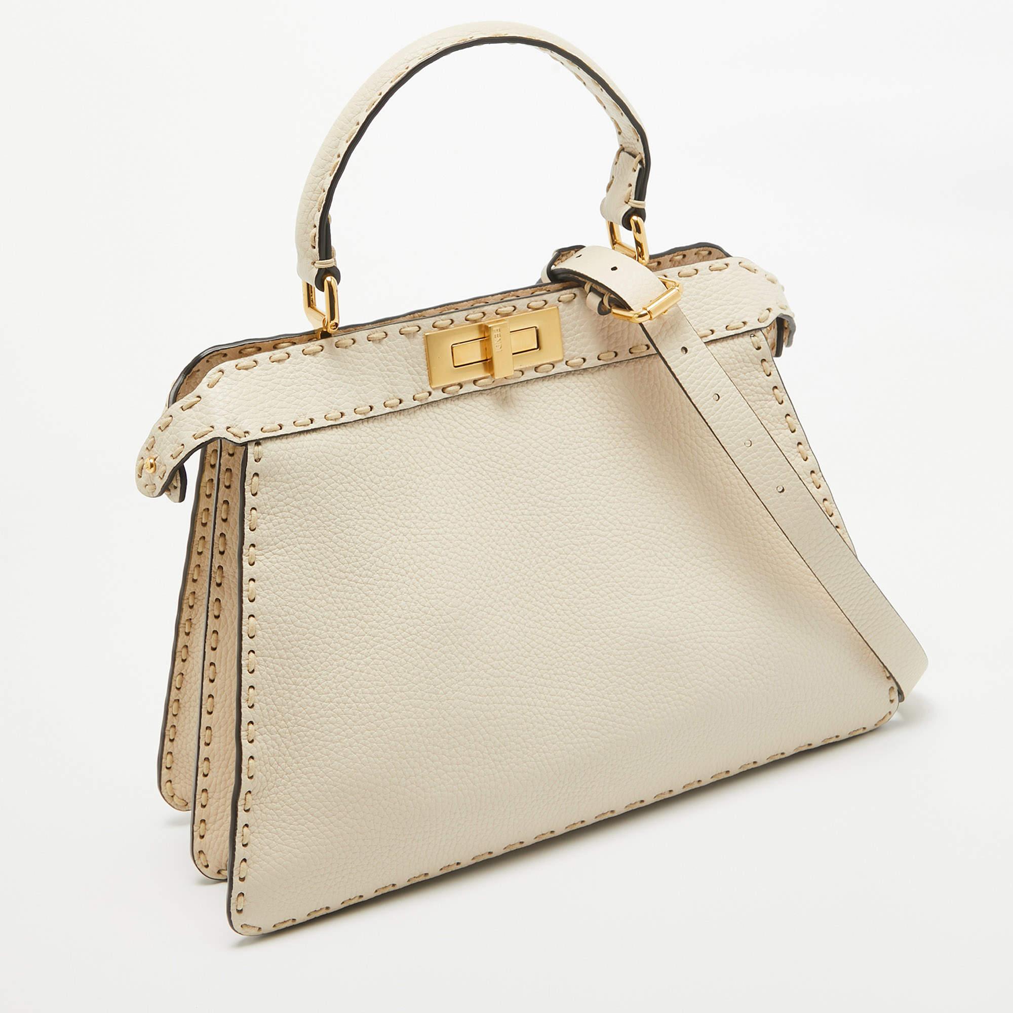 Beige Fendi Cream Selleria Leather Medium Peekaboo ISeeU Top Handle Bag For Sale