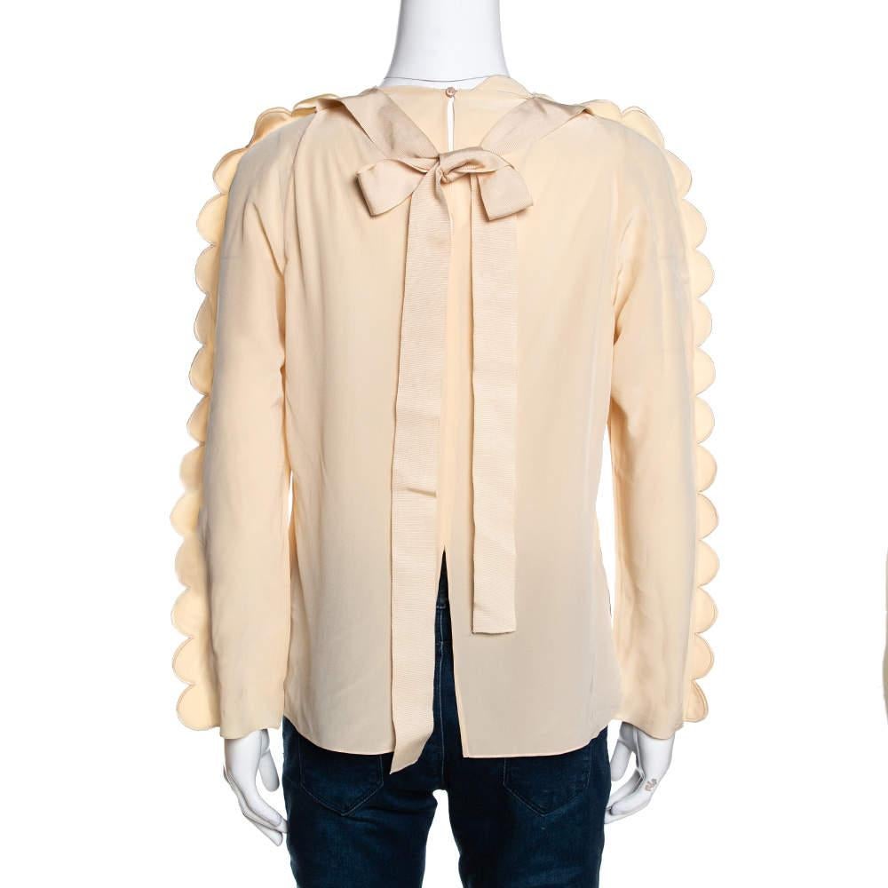 Beige Fendi Cream Silk Scalloped Long Sleeve Blouse S