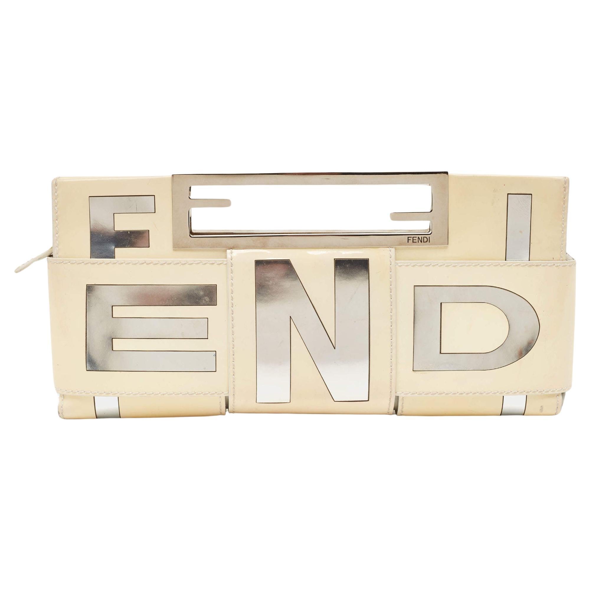 Fendi Cream/Silver Patent Leather Crossword Clutch For Sale