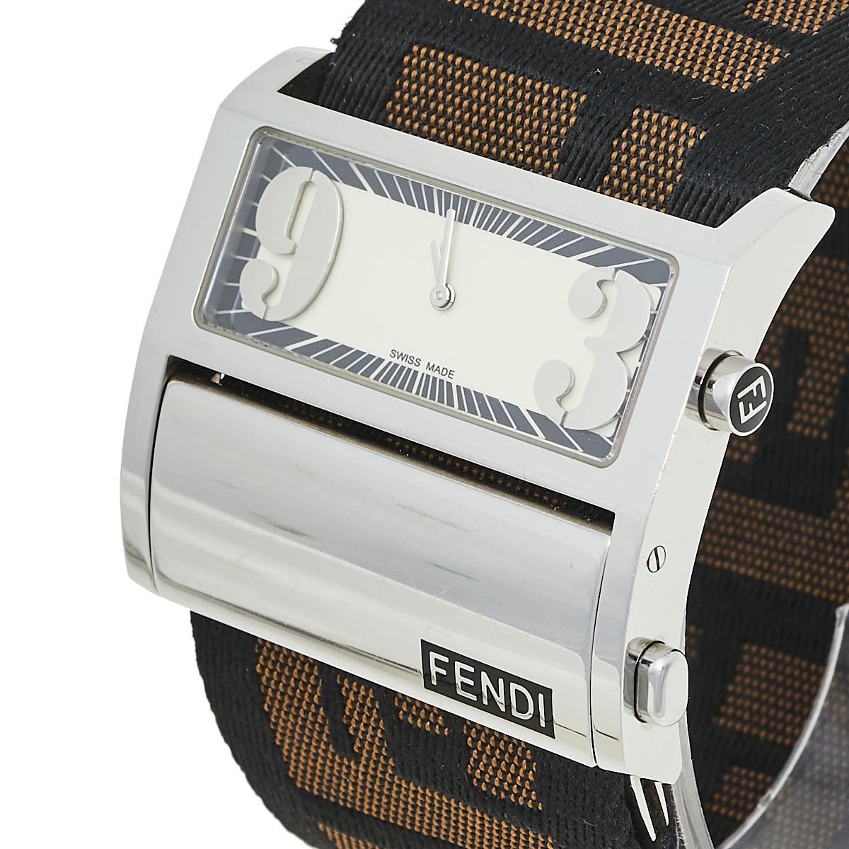 Contemporary Fendi Cream Stainless Steel and Canvas Orologi 1120G Women's Wristwatch 45 mm