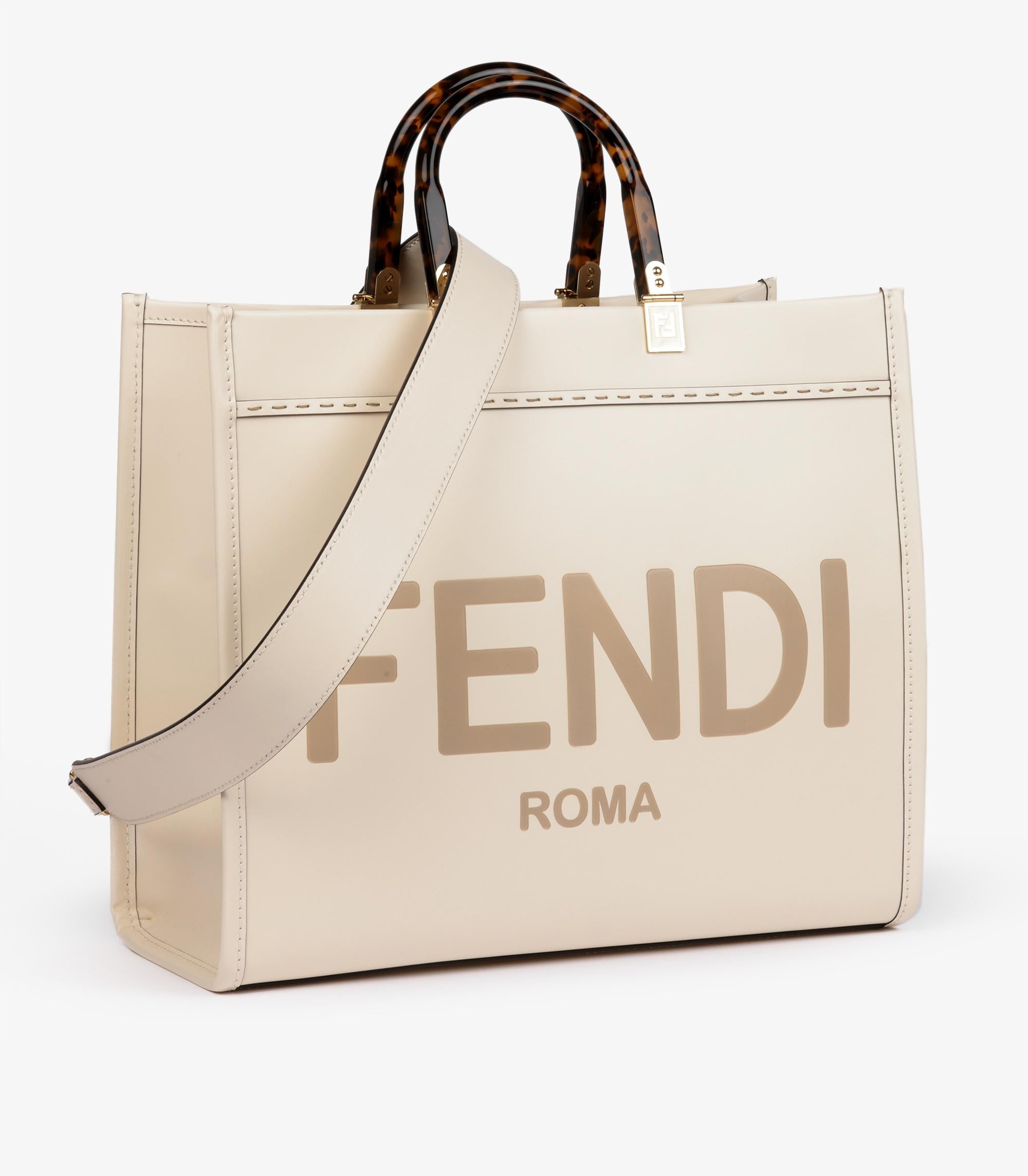 Fendi Creme & Taupe Geprägtes Kalbsleder Medium Sunshine Tote (Beige) im Angebot