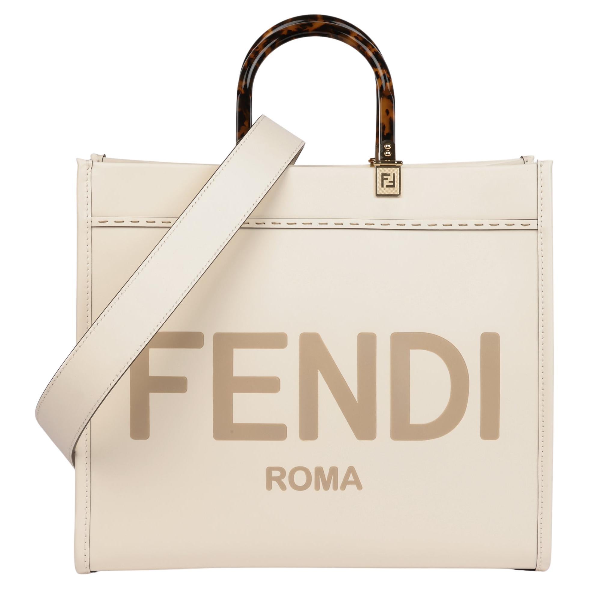 Fendi Creme & Taupe Geprägtes Kalbsleder Medium Sunshine Tote im Angebot