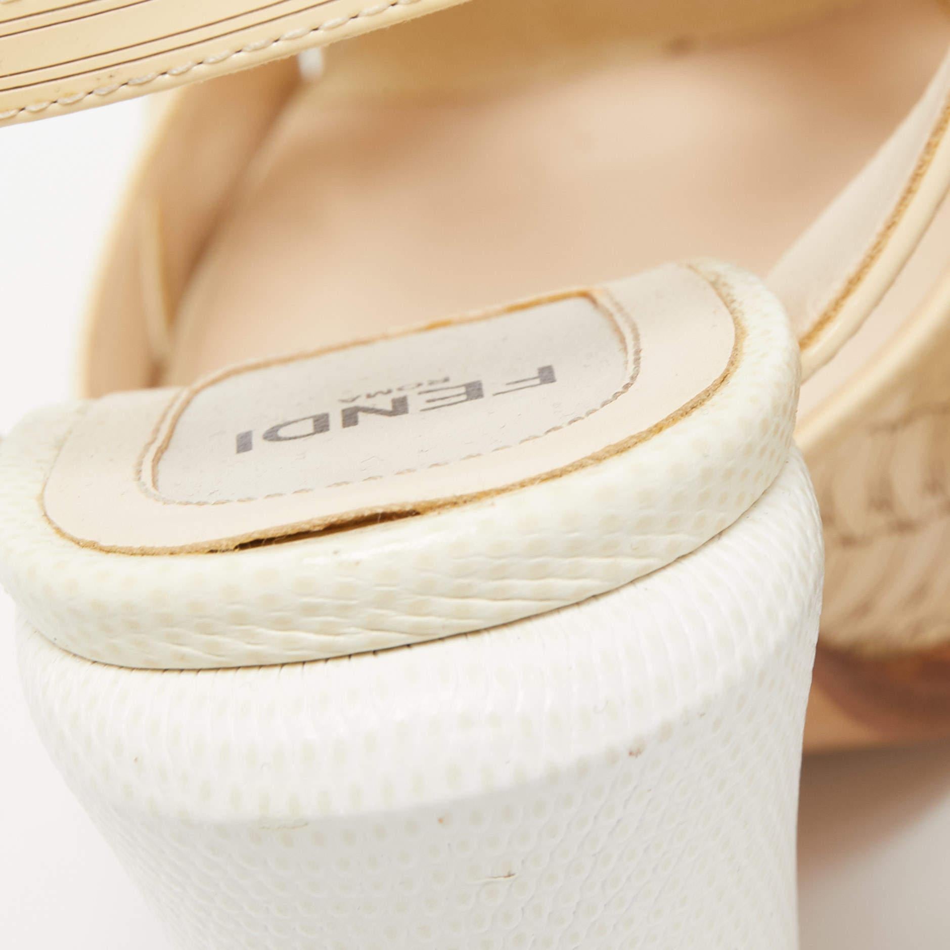 Fendi Cream/White Laser Cut Leather Block Heel Sandals Size 39 3