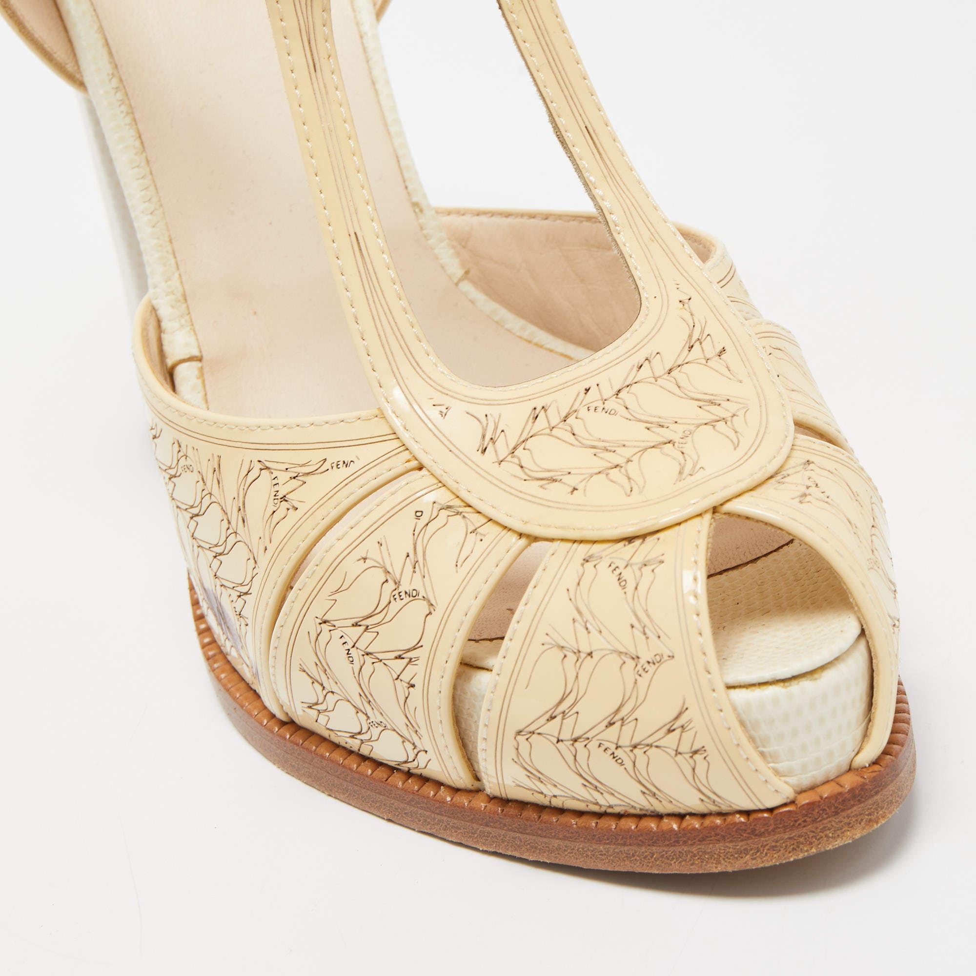 Fendi Cream/White Laser Cut Leather Block Heel Sandals Size 39 4