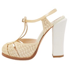 Fendi Cream/White Laser Cut Leather Block Heel Sandals Size 39