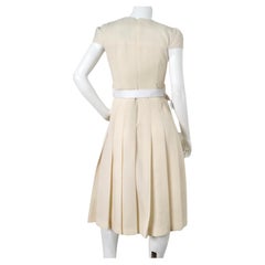 Fendi Cream Wool Buckle Belted Dress With Floral Detailed Neckline