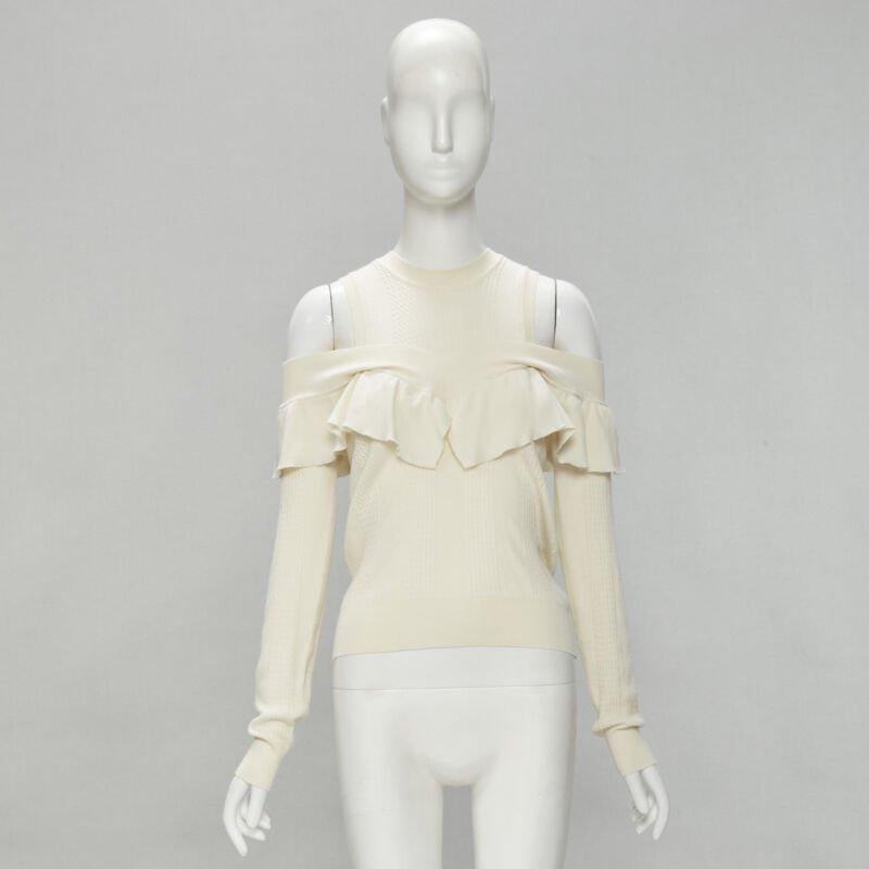 FENDI cream wool silk cashmere cold shoulder ruffle knit sweater IT44 M For Sale 5