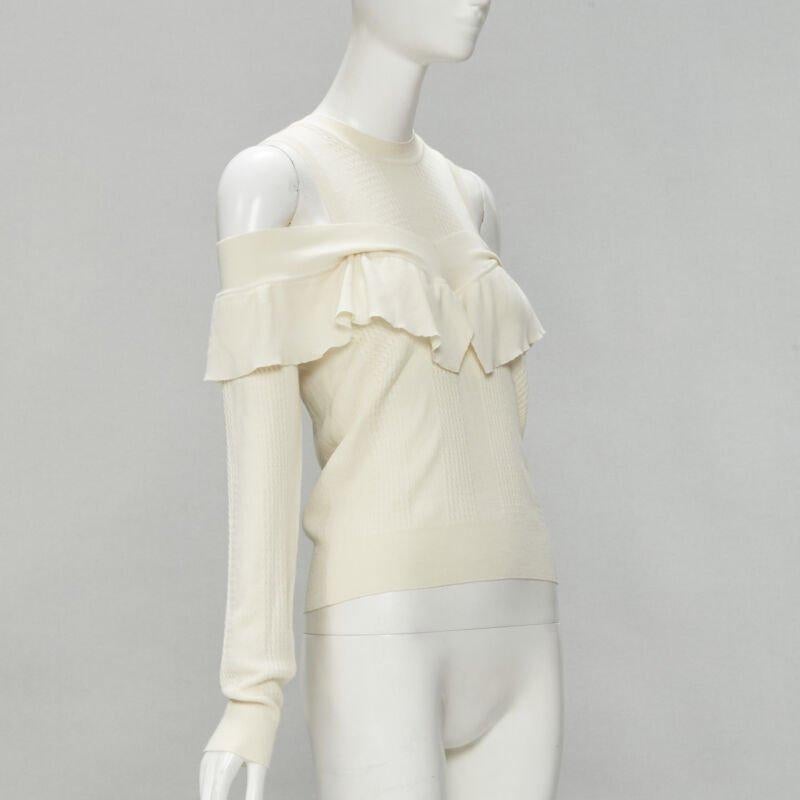 Beige FENDI cream wool silk cashmere cold shoulder ruffle knit sweater IT44 M For Sale
