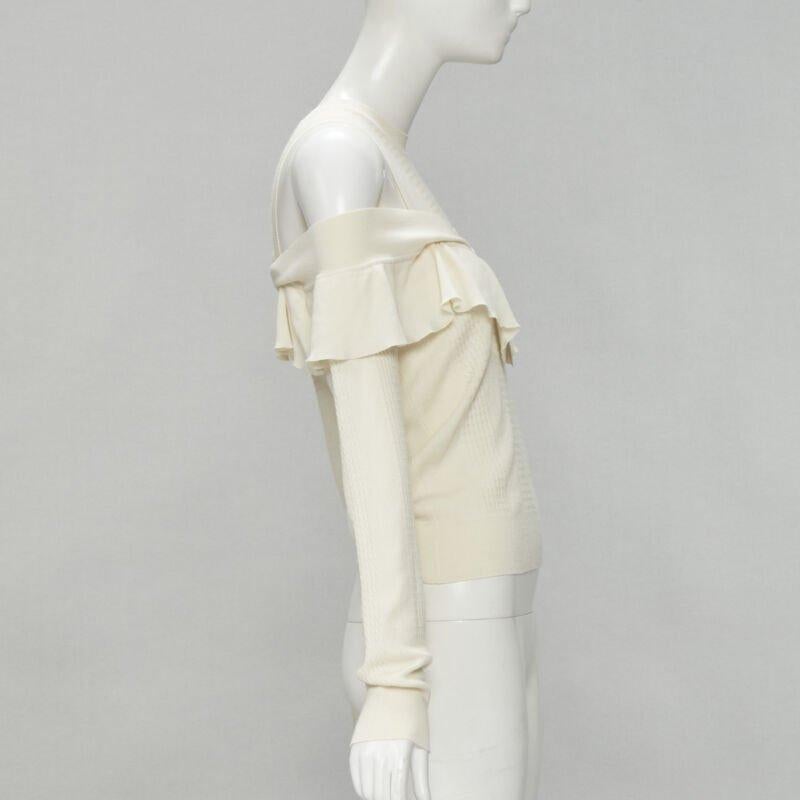 FENDI cream wool silk cashmere cold shoulder ruffle knit sweater IT44 M In Excellent Condition For Sale In Hong Kong, NT