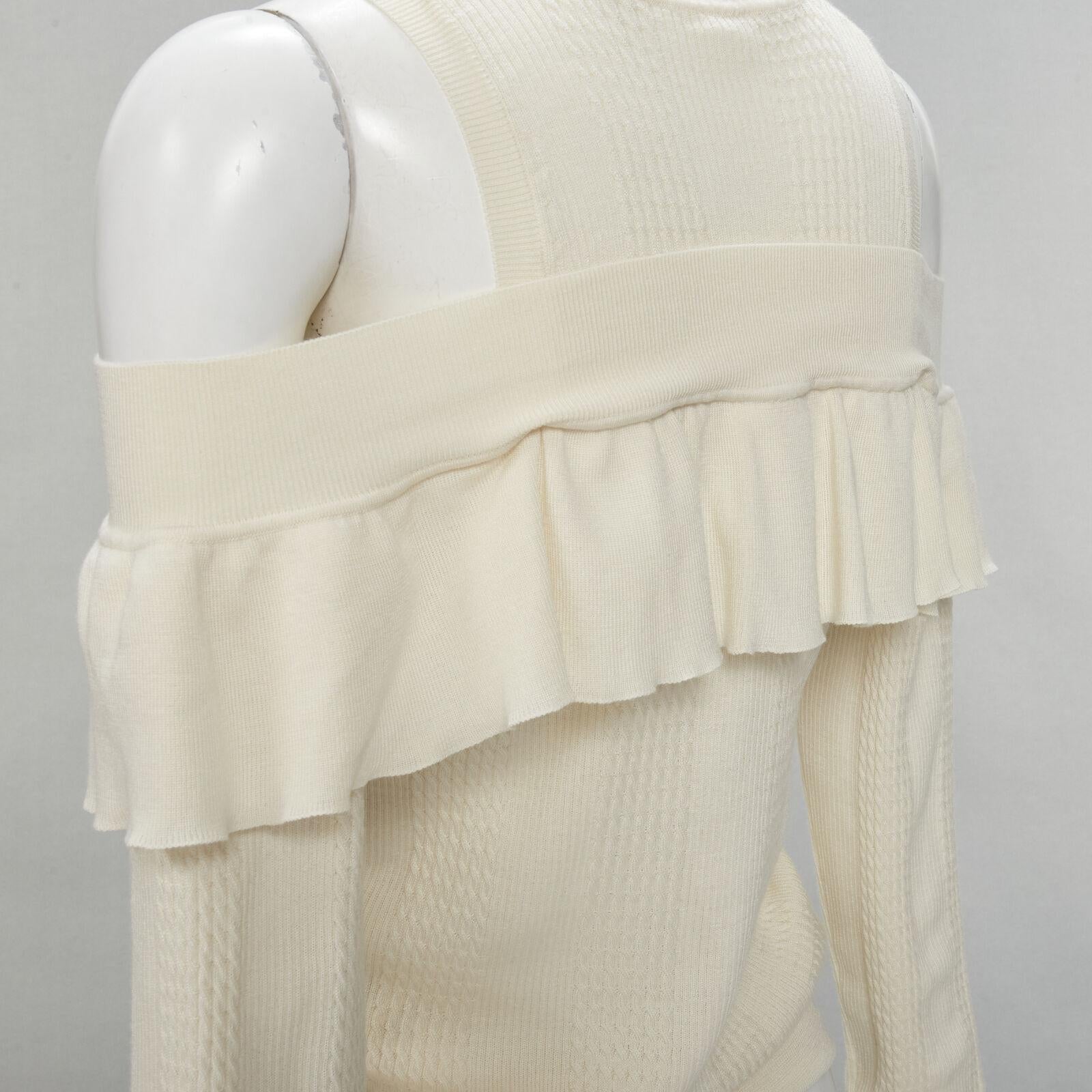 FENDI cream wool silk cashmere cold shoulder ruffle knit sweater IT44 M For Sale 2
