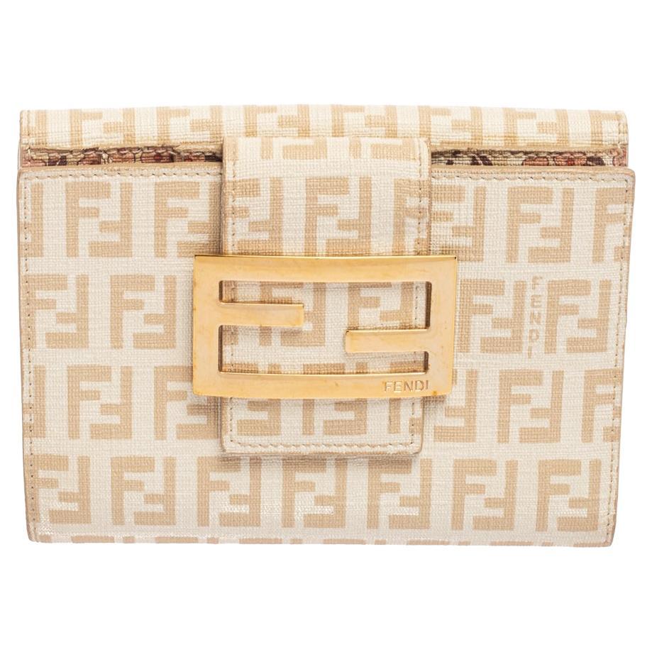 Fendi Cream Zucchino Coated Canvas FF Flap Compact Wallet