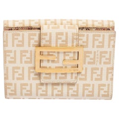 Used Fendi Cream Zucchino Coated Canvas FF Flap Compact Wallet
