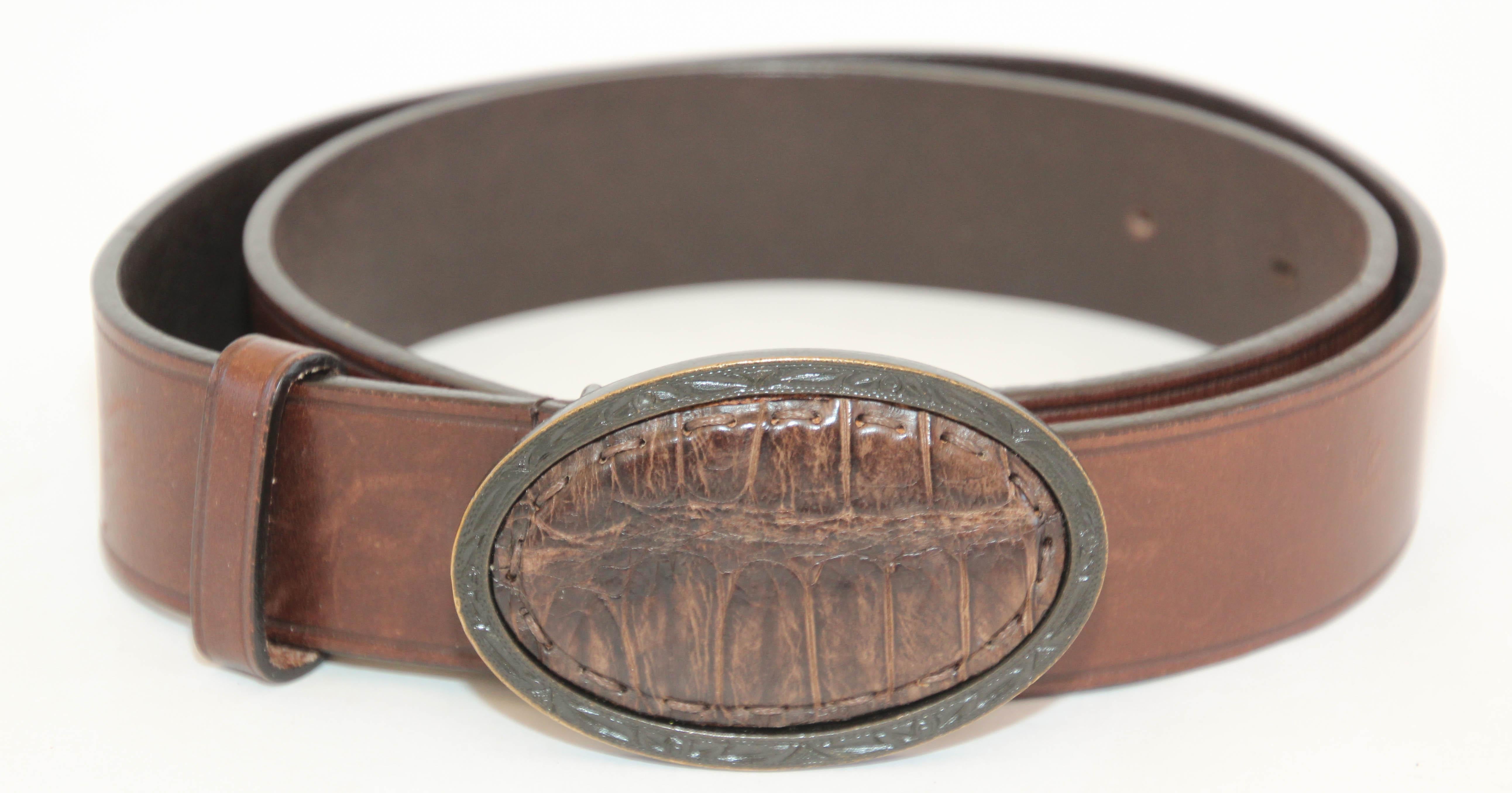 FENDI Crocodile Brown Leather Cowboy Belt In Good Condition In North Hollywood, CA