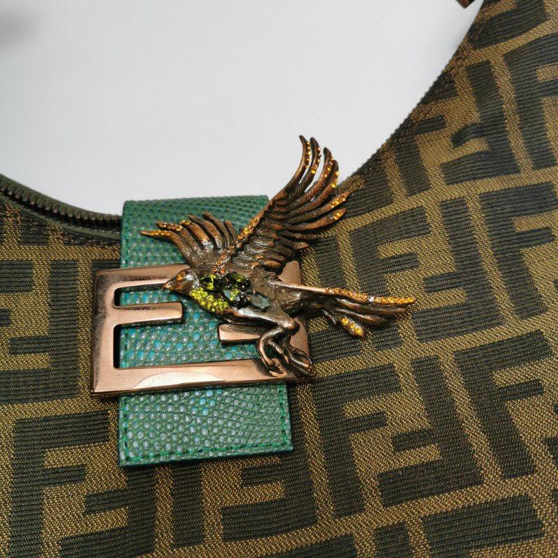 Fendi Croissant Shoulder Bag Zucca Monogram Canvas Lizard-skin Strap Bird Brooch 6