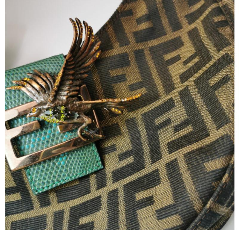 Fendi Croissant Shoulder Bag Zucca Monogram Canvas Lizard-skin Strap Bird Brooch 9
