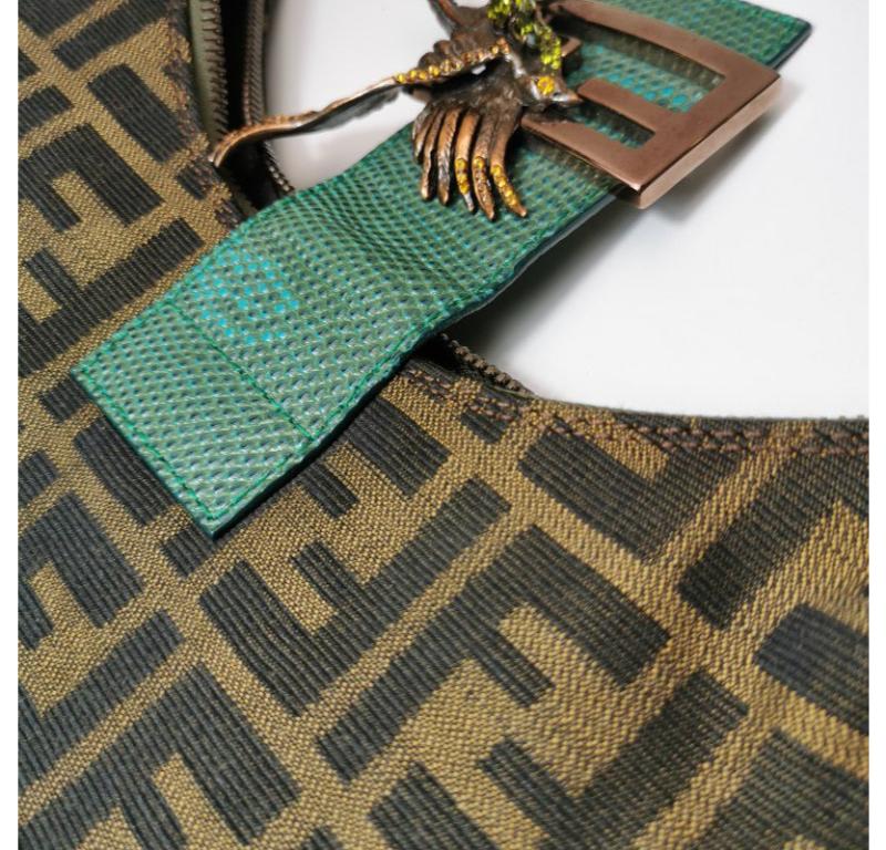 Fendi Croissant Shoulder Bag Zucca Monogram Canvas Lizard-skin Strap Bird Brooch 10