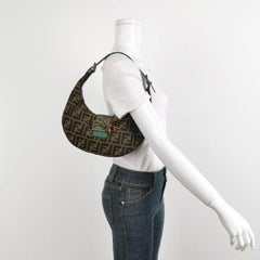 Fendi Croissant Shoulder Bag Zucca Monogram Canvas Lizard-skin Strap Bird Brooch