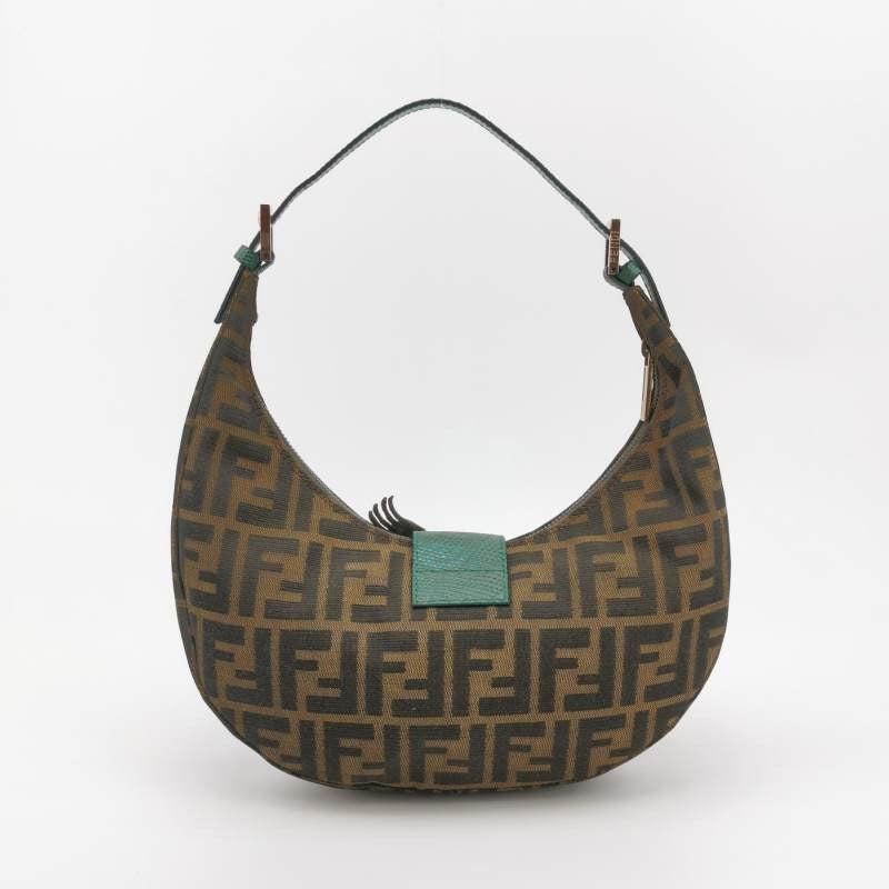 Fendi Croissant Shoulder Bag Zucca Monogram Canvas Lizard-skin Strap Bird Brooch In Excellent Condition In AUBERVILLIERS, FR