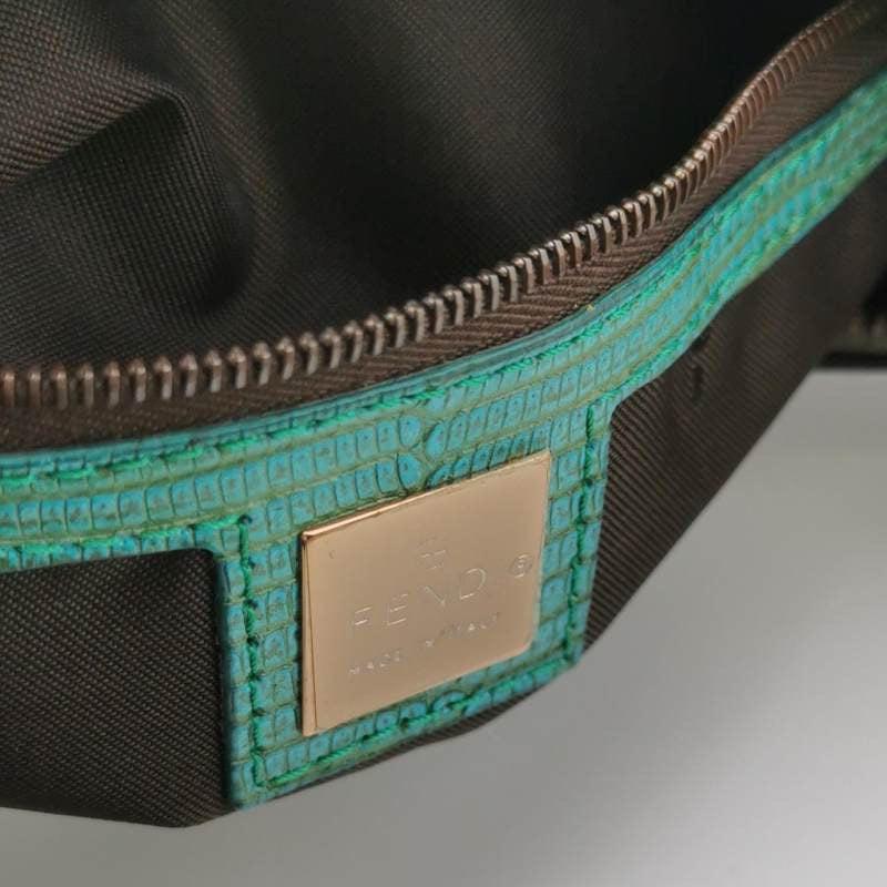 Women's Fendi Croissant Shoulder Bag Zucca Monogram Canvas Lizard-skin Strap Bird Brooch