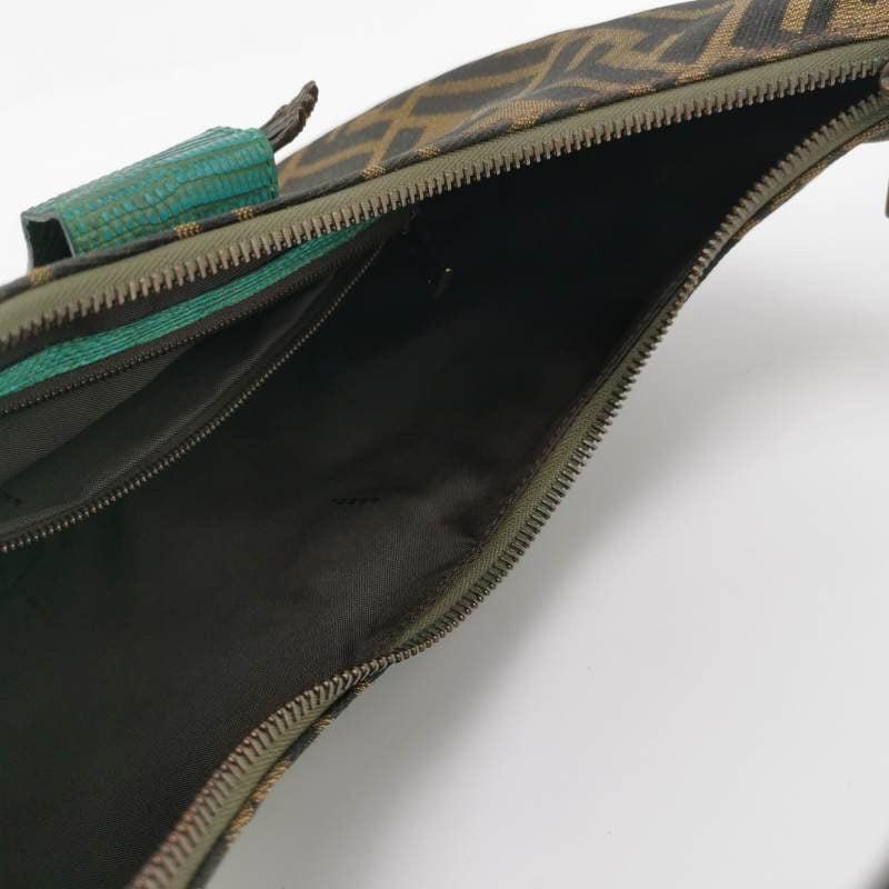 Fendi Croissant Shoulder Bag Zucca Monogram Canvas Lizard-skin Strap Bird Brooch 1