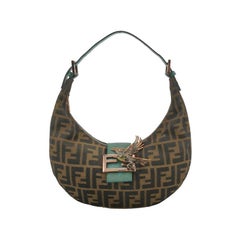 Fendi Croissant Shoulder Bag Zucca Monogram Canvas Lizard-skin Strap Bird Brooch