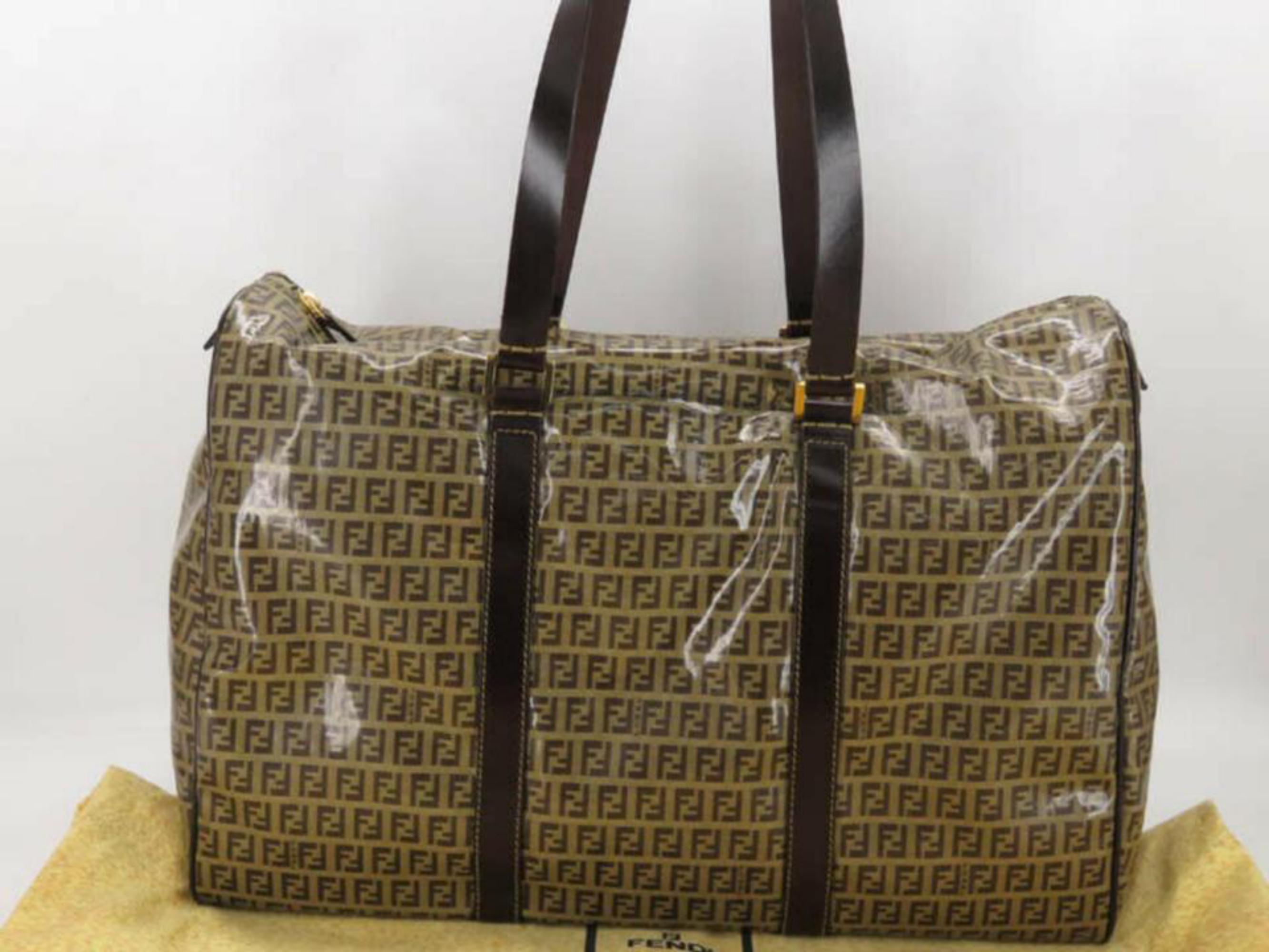 Fendi Crystal Ff Monogram Travel Tote Boston 870419 Brown Vinyl Shoulder Bag In Excellent Condition For Sale In Forest Hills, NY