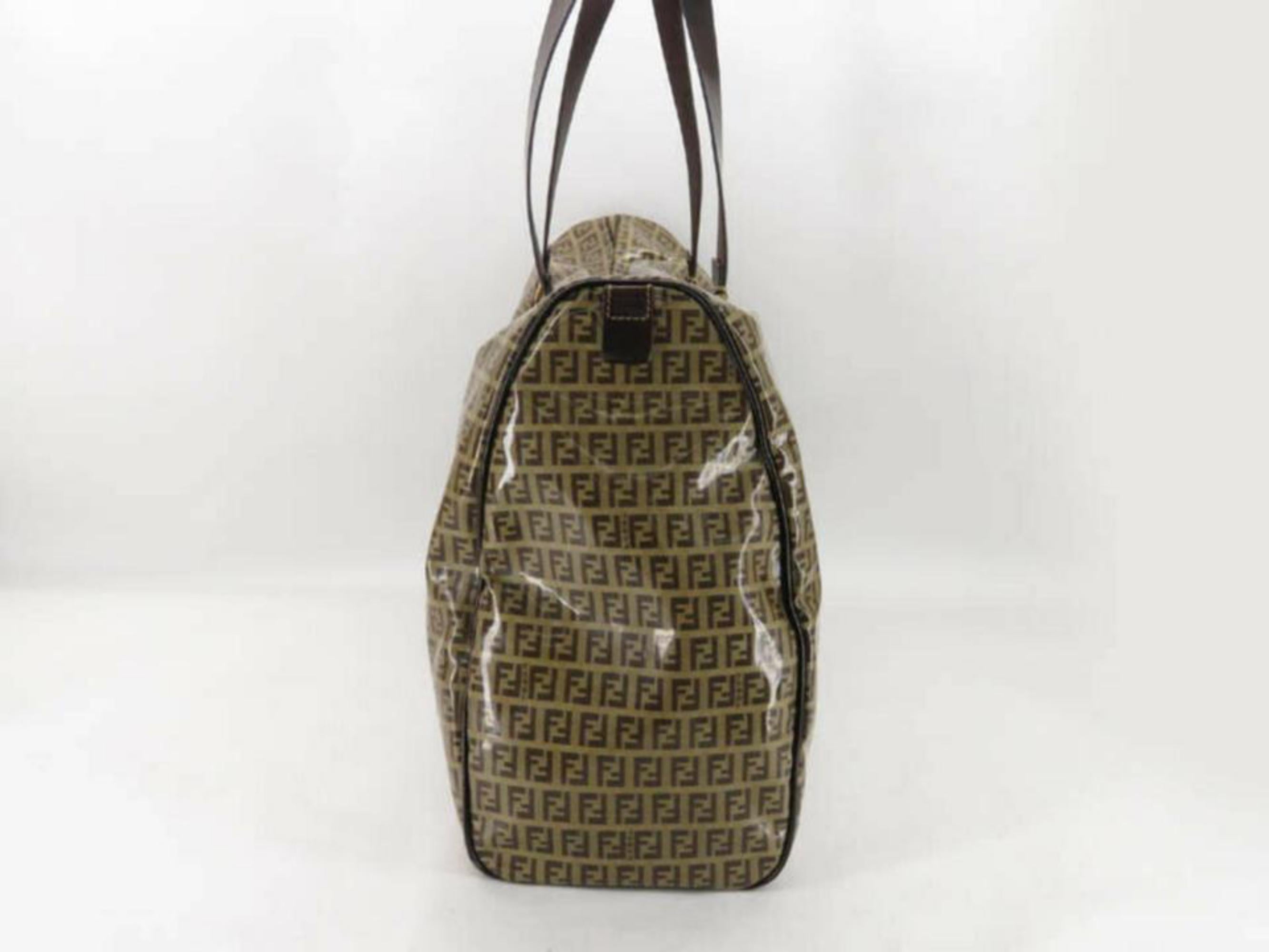 Women's Fendi Crystal Ff Monogram Travel Tote Boston 870419 Brown Vinyl Shoulder Bag For Sale