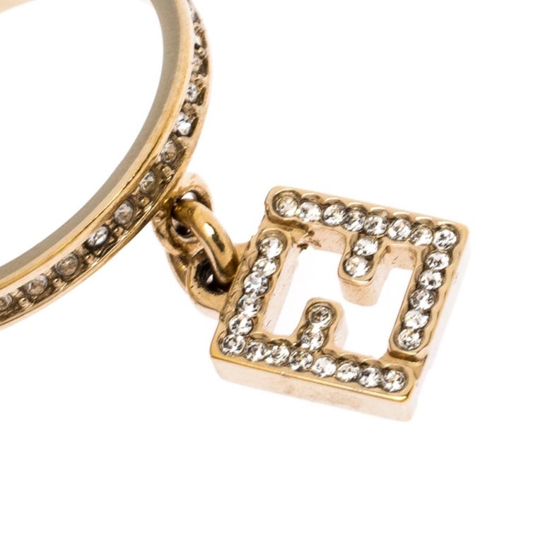 Fendi Crystal Gold Tone Charm Ring Size 58 For Sale at 1stDibs