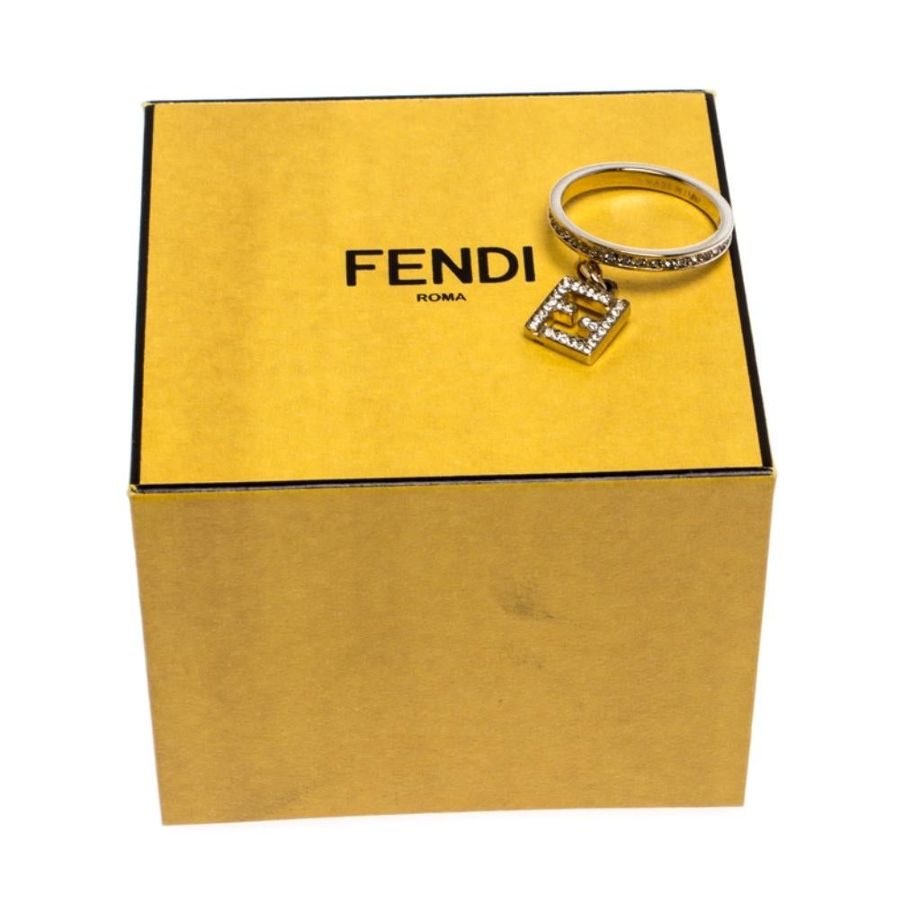 Fendi Crystal Gold Tone Charm Ring Size 58 1