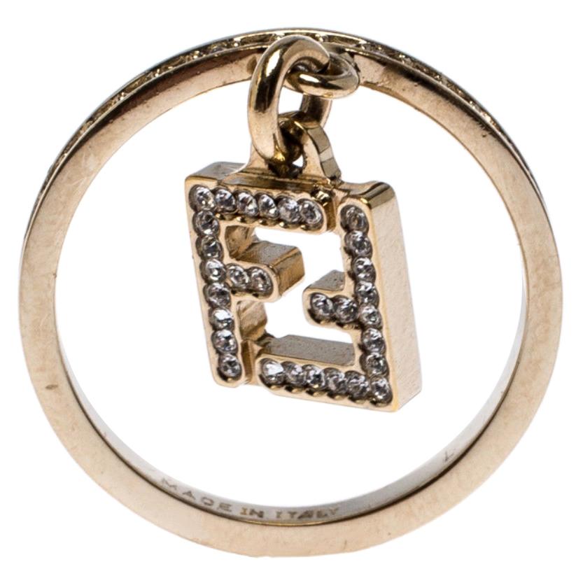 Fendi Crystal Gold Tone Charm Ring Size 58