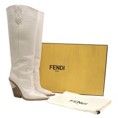Used Fendi Cutwalk white crocodile-effect leather tall boots SIZE 39