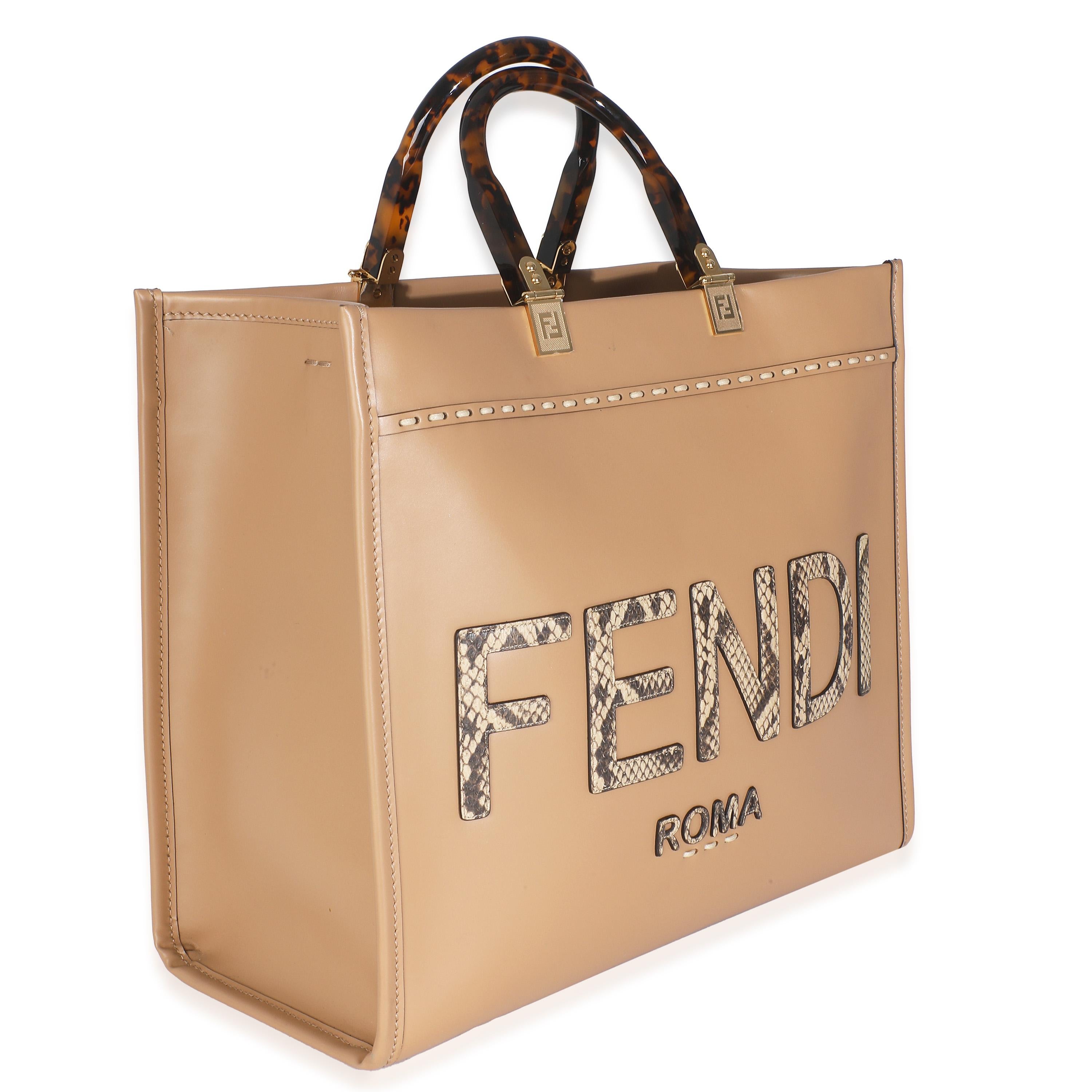 Fendi Beige Oscuro Piel de becerro Pitón Fendi Medio Sunshine Shopper Tote en Excelente estado para la venta en New York, NY