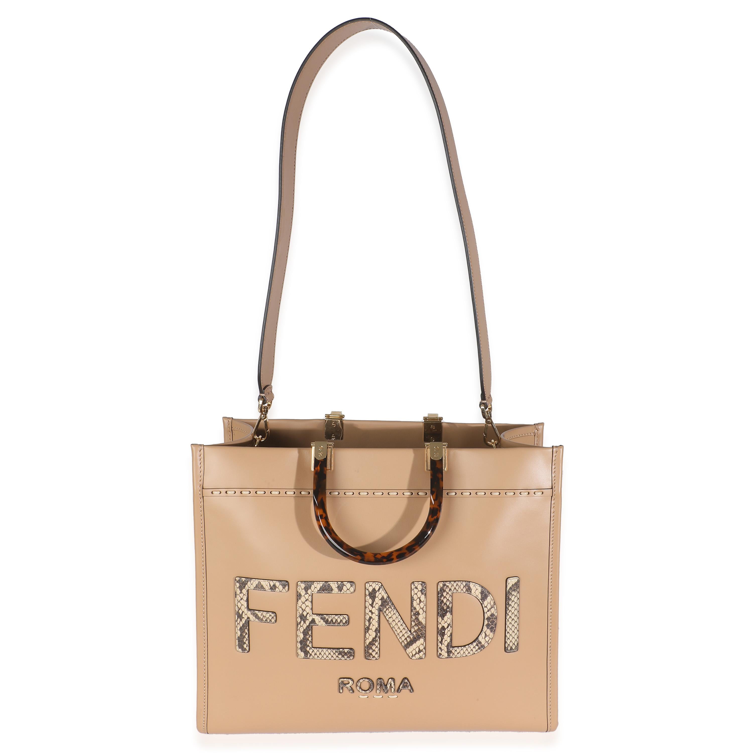 Fendi Beige Oscuro Piel de becerro Pitón Fendi Medio Sunshine Shopper Tote en venta 2