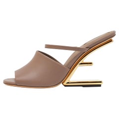 Fendi Dark Beige Leather First Heel Mules Size 41