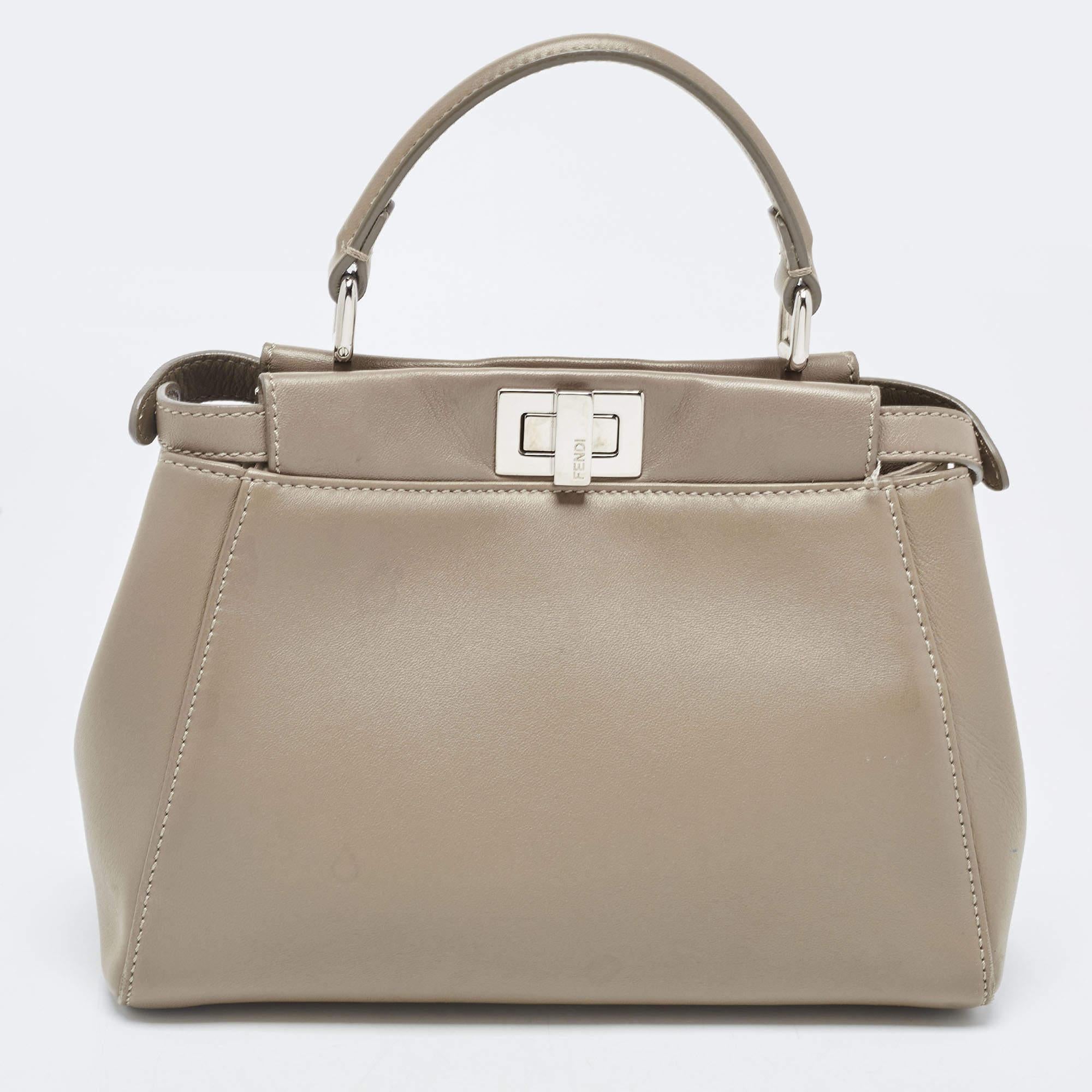 Fendi Dark Beige Leather Mini Peekaboo Top Handle Bag 6