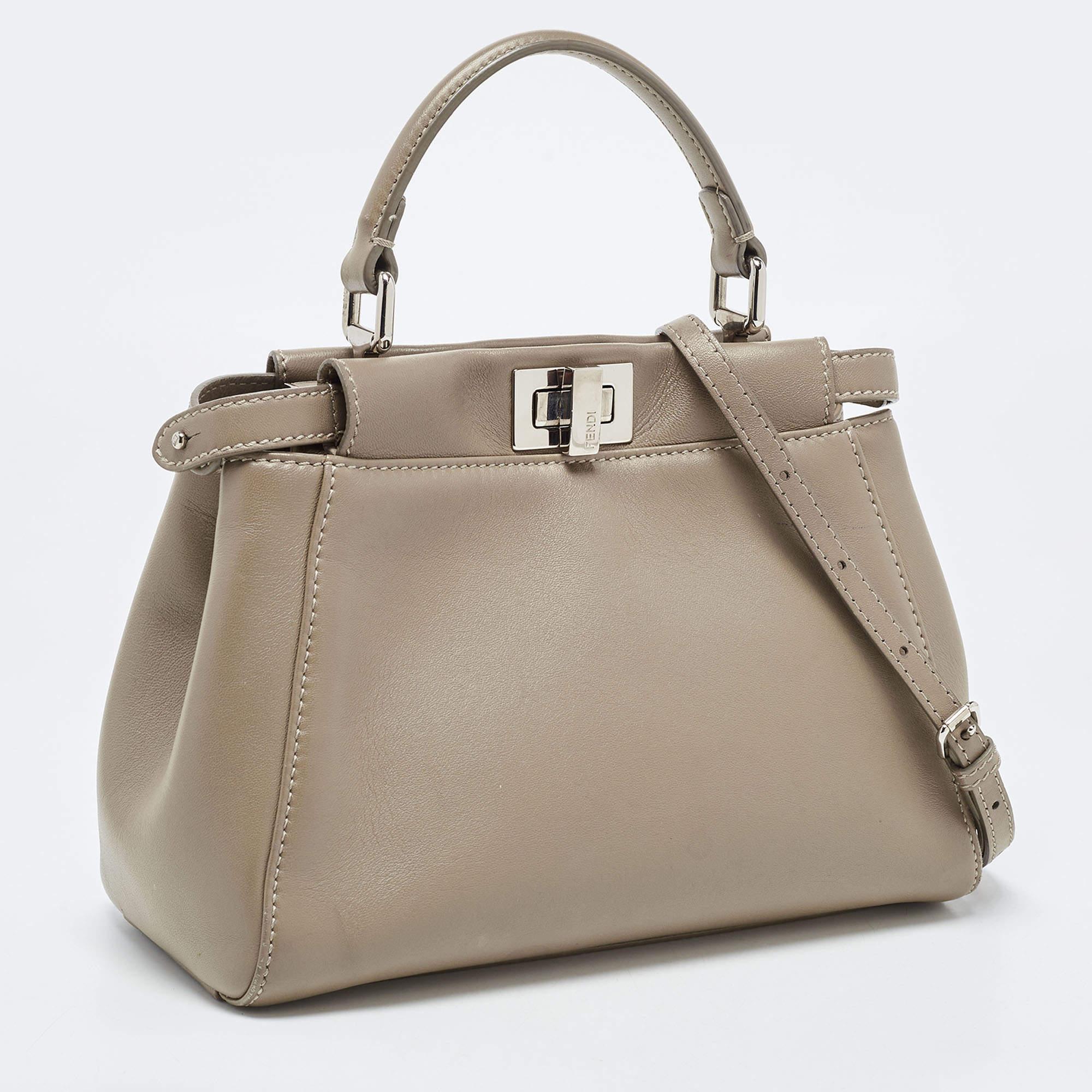 Fendi Dark Beige Leather Mini Peekaboo Top Handle Bag In Good Condition In Dubai, Al Qouz 2