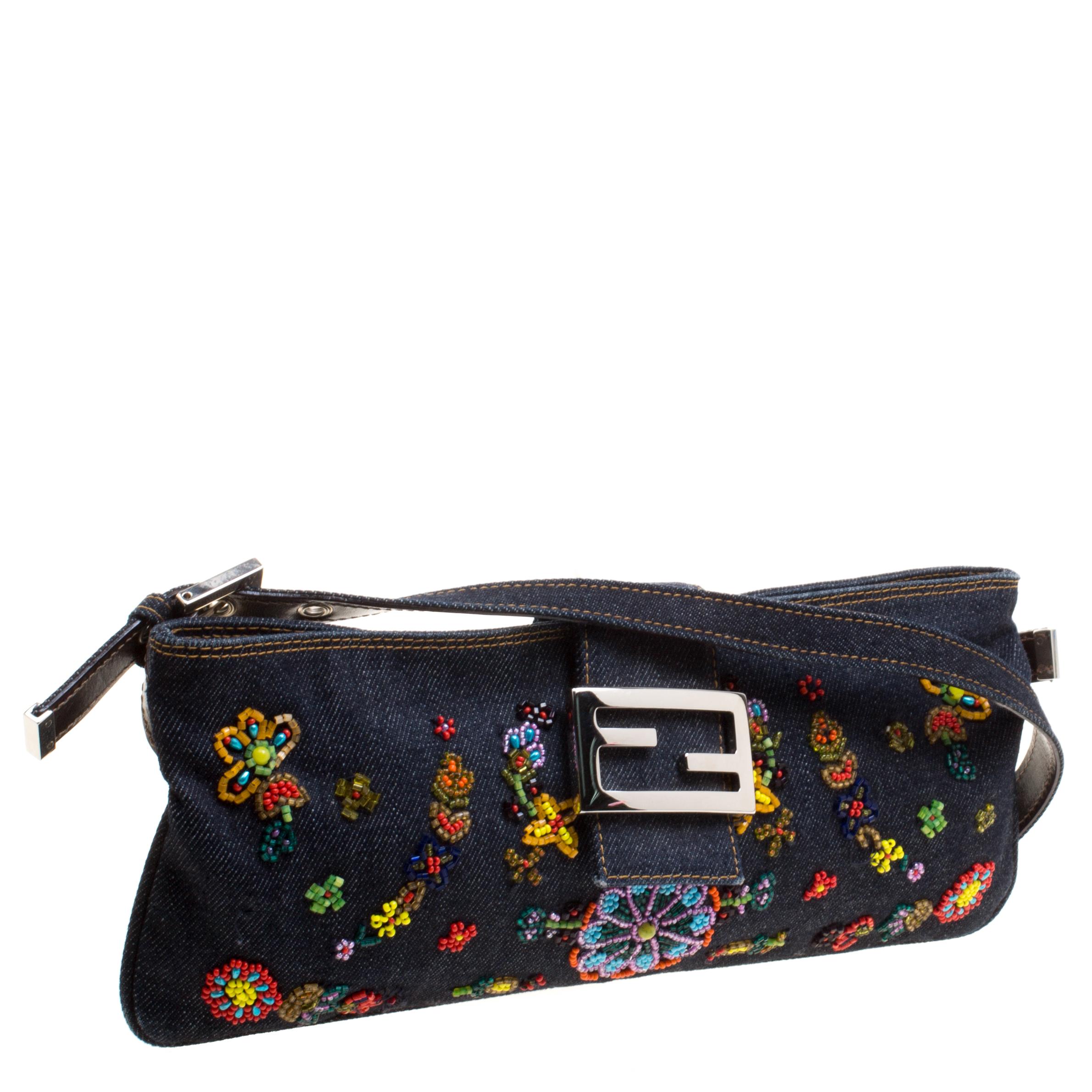 Fendi Dark Blue Beaded Denim Mama Baguette Shoulder Bag In Good Condition In Dubai, Al Qouz 2