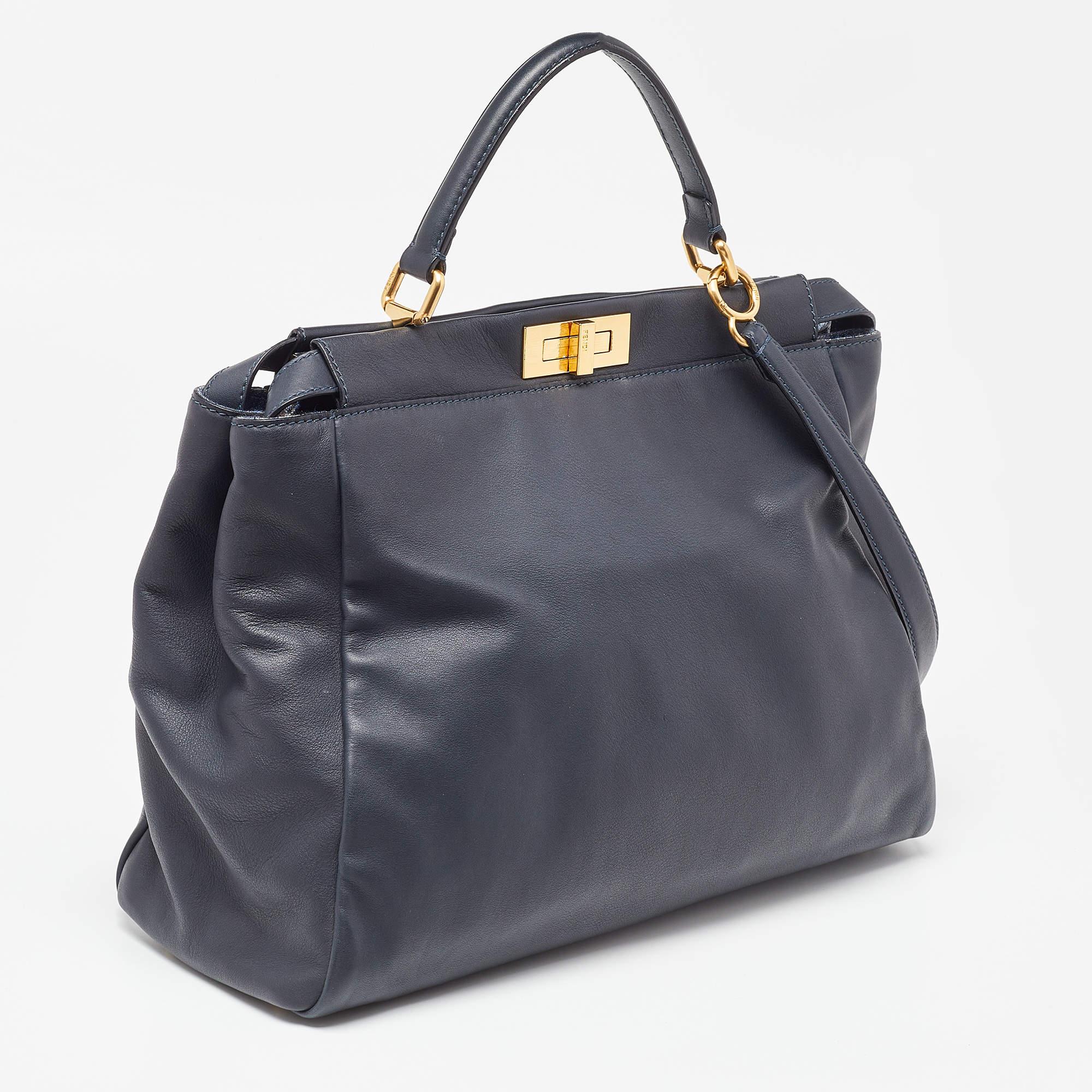 Fendi Dark Blue Leather Large Peekaboo Top Handle Bag For Sale 5