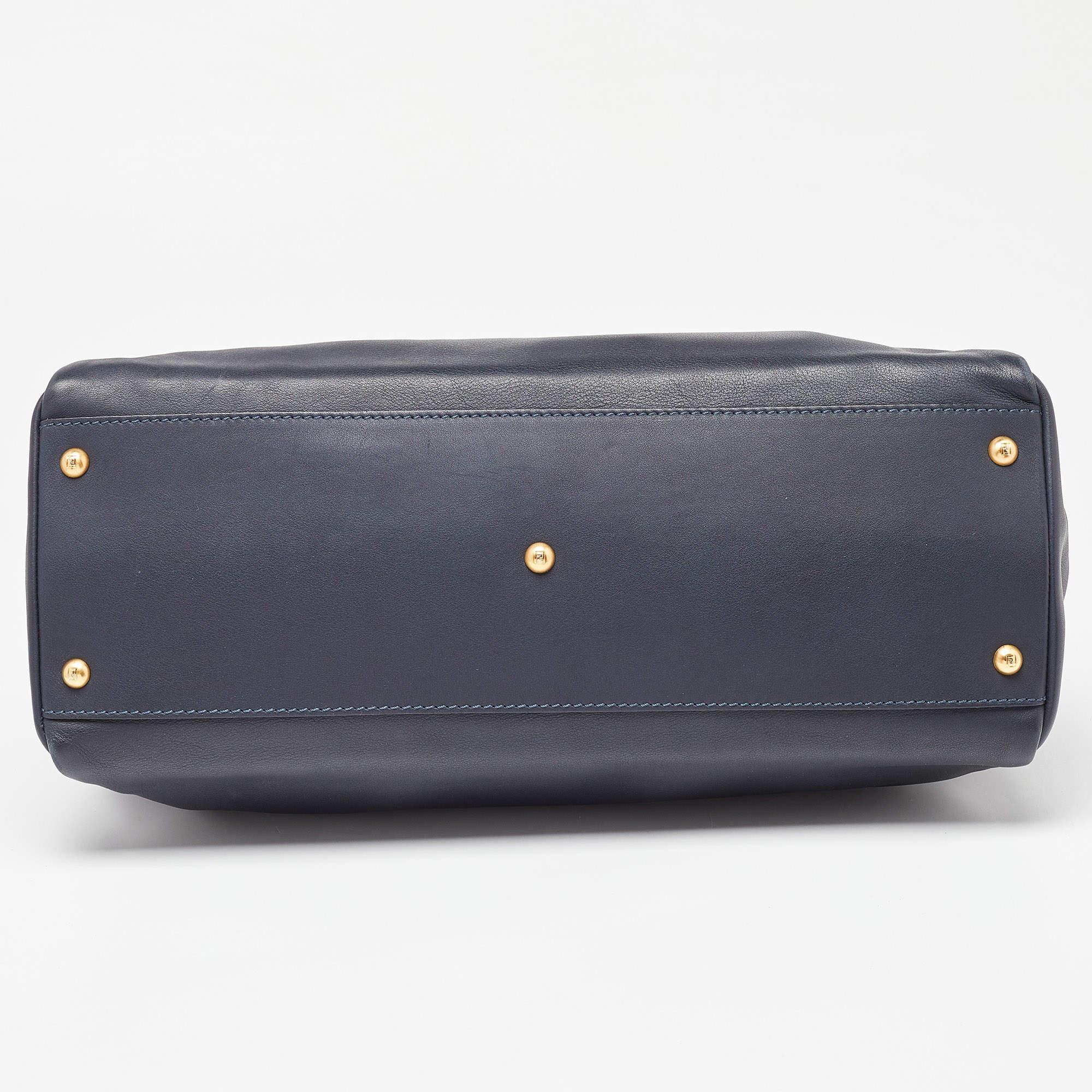 Fendi Dark Blue Leather Large Peekaboo Top Handle Bag For Sale 6