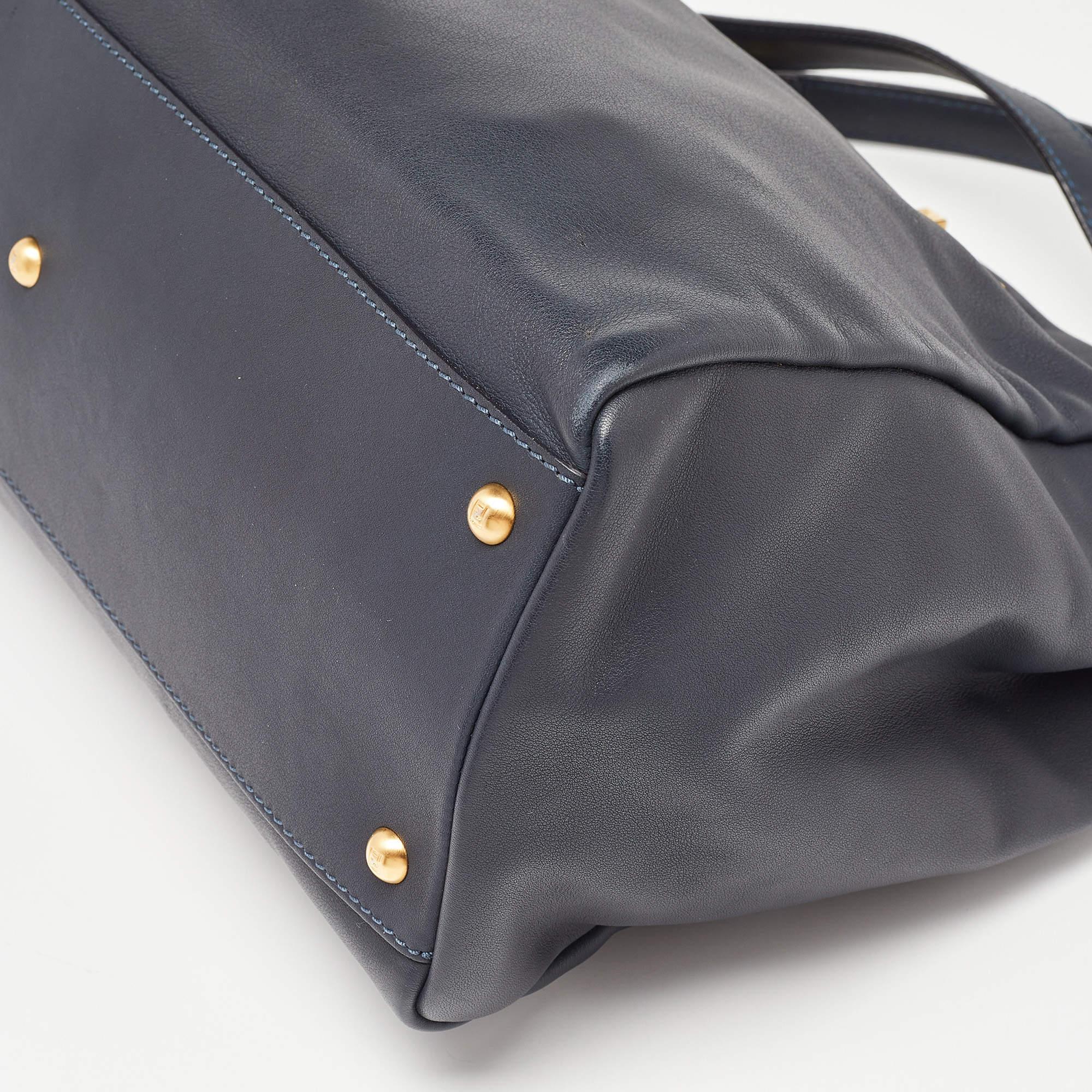 Fendi Dark Blue Leather Large Peekaboo Top Handle Bag For Sale 8