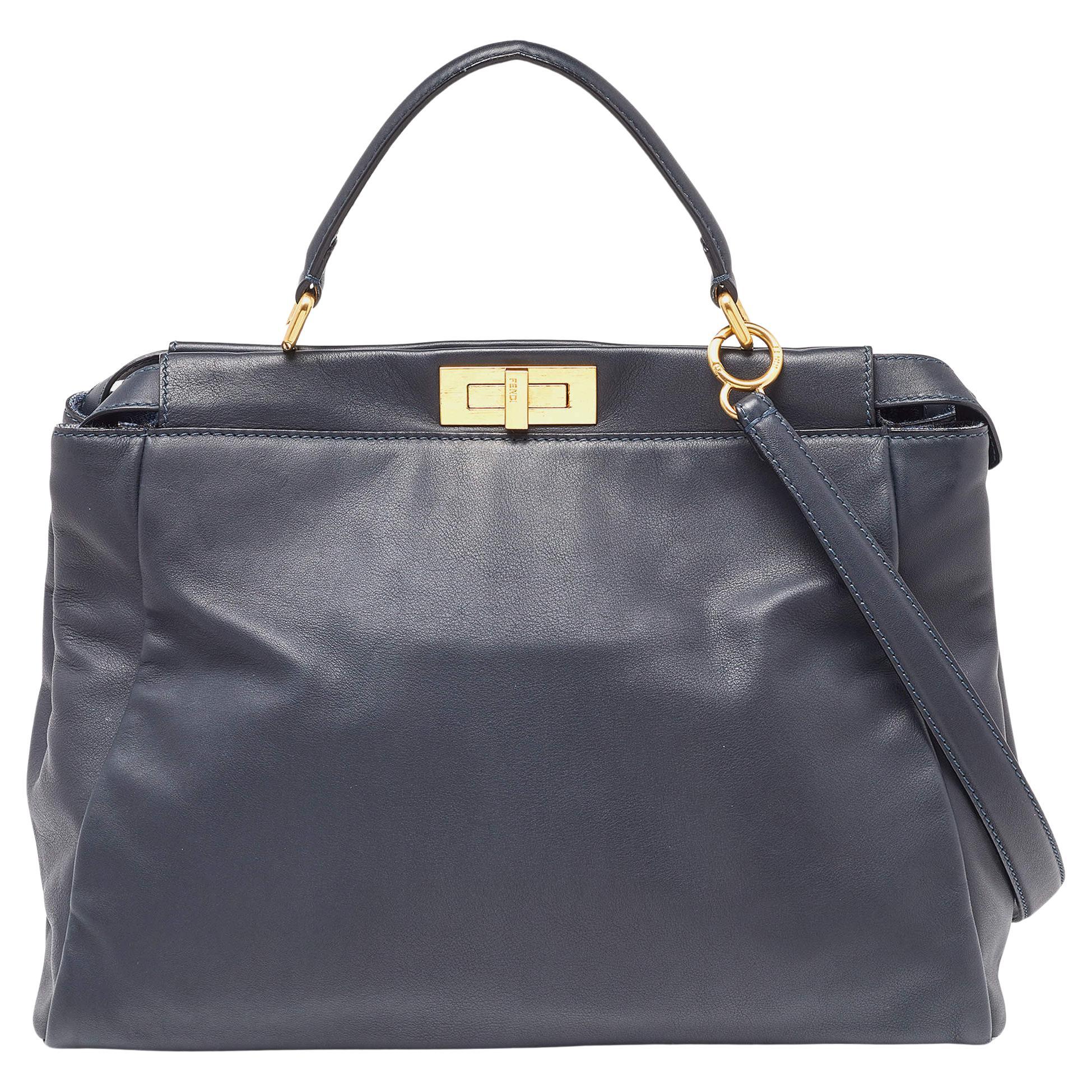 Fendi Dark Blue Leather Large Peekaboo Top Handle Bag For Sale