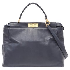 Fendi Dark Blue Leather Large Peekaboo Top Handle Bag