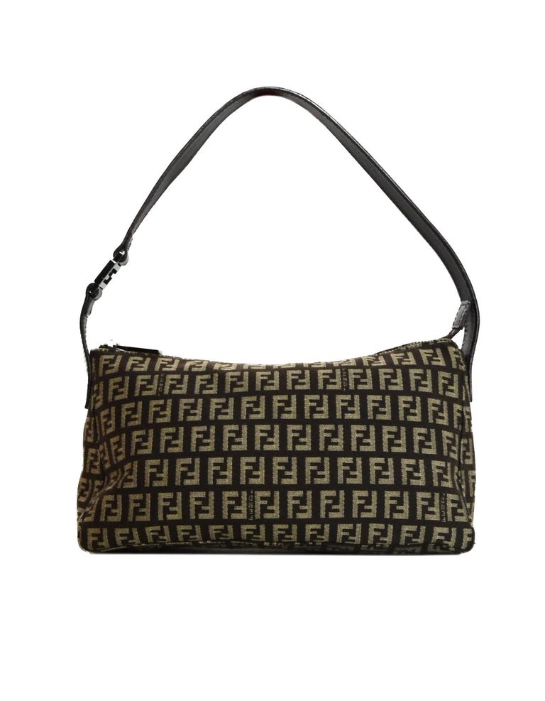 Fendi Dark Brown Canvas Zucca Monogram Zip Top Pochette Bag For Sale at  1stDibs