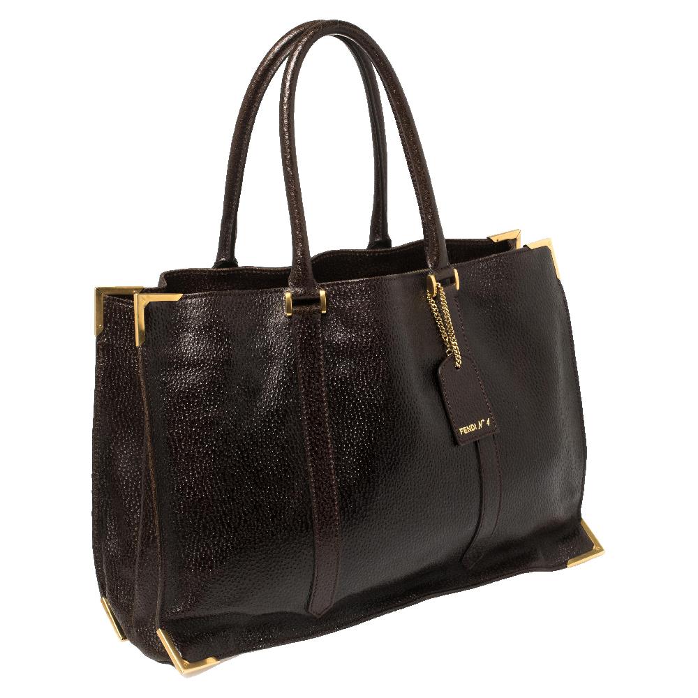 Black Fendi Dark Brown Dimpled Leather Classico No. 4 Tote