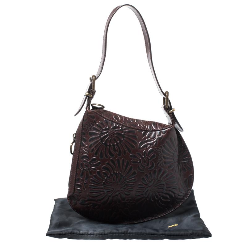 Fendi Dark Brown Embossed Leather Oyster Hobo 7