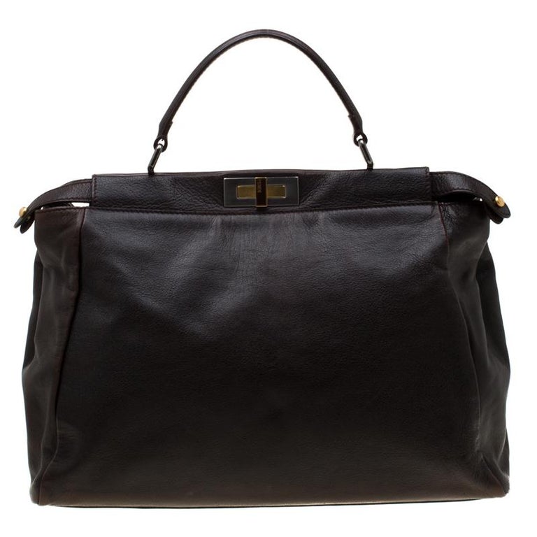 Fendi Dark Brown Leather Large Peekaboo Top Handle Bag For Sale at 1stdibs