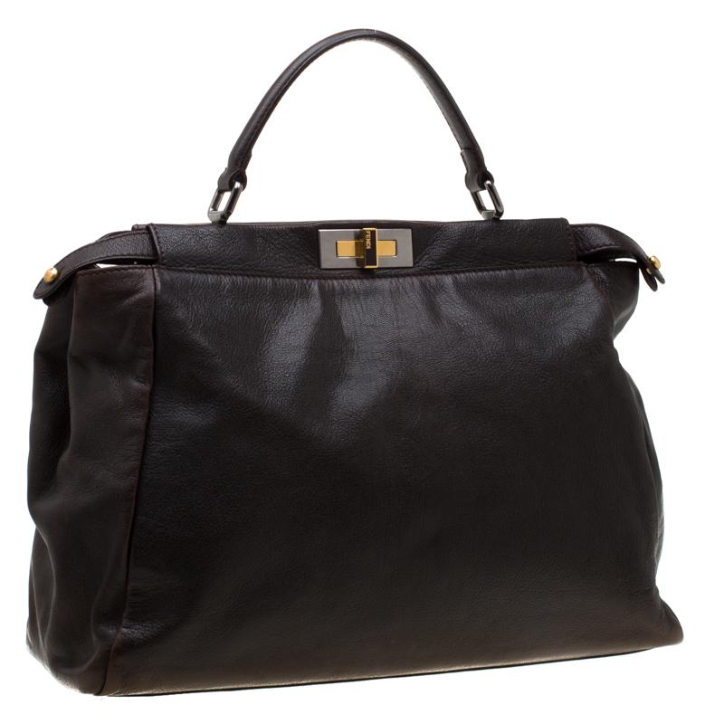 Fendi Dark Brown Leather Large Peekaboo Top Handle Bag In Good Condition In Dubai, Al Qouz 2