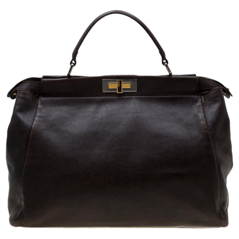 Fendi Dark Brown Leather Large Peekaboo Top Handle Bag